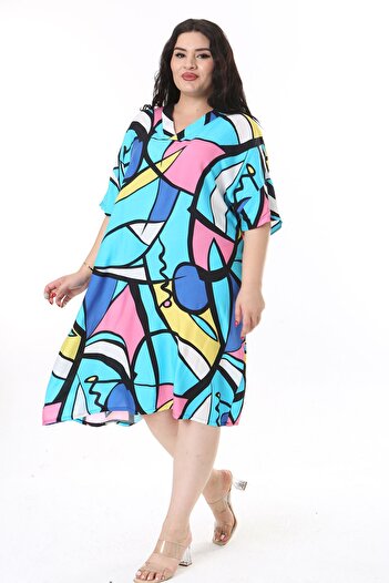 Şans Plus Size Turquoise Viscose Dress - V-Neck, Color 65N38172