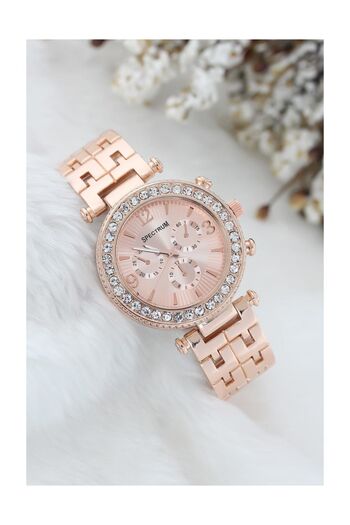 Spectrum Jewelled Case Rose Color Metal Cord Ladies Wrist Watch