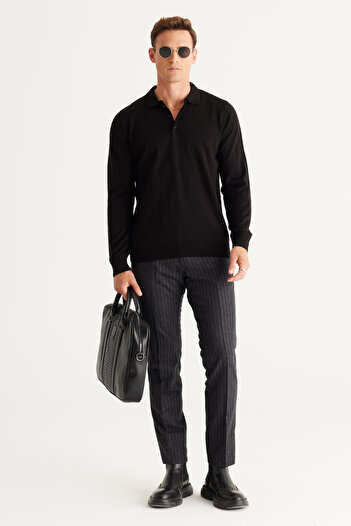 AC&Co / Altınyıldız Classics Men's Black Anti Pilling Knitwear Sweater - Polo Collar, Non-Pilling Fabric