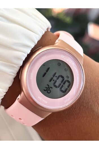 Jaga Digital Sports Wristwatch with Pink Silicone Band, Waterproof, Suitable for Pool and Sea Use, 2 Years Warranty