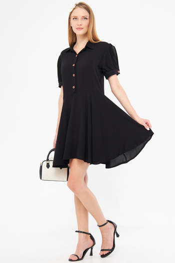 armonika Black Slit Shirt Collar Flared Dress - ARM-24Y 001083