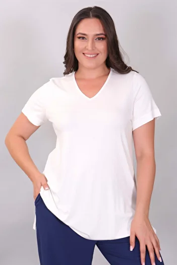 SERTUĞ Trend42Plus Large Size Ecru V-Neck Basic Blouse