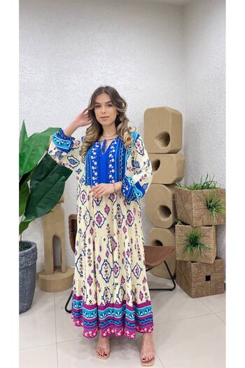 ZF BUTİK V-Neck Patterned Tied Long Dress