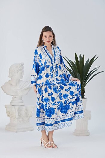 ZF BUTİK Long Patterned Hijab Shirt Dress