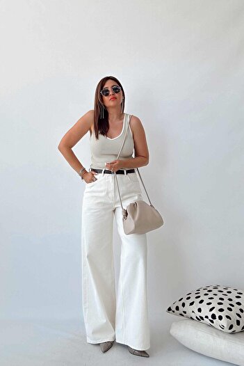 MAKRAS EXCLUSIVE Penolope Women's - High Waist Cream Colored Wide Leg Jeans