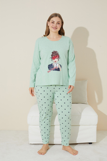 Siyah İnci yeşil baskılı Pamuklu Curve Büyük Beden Battal Boy Örme Pijama Takım 24240666