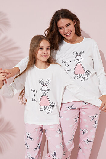 Siyah İnci Cotton Knitted Pajama Set - Ecru Printed, 24241093