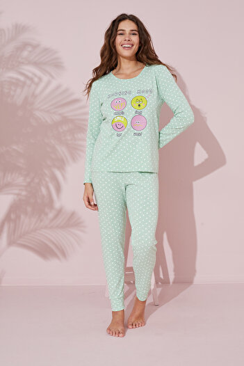 Siyah İnci yeşil baskılı Pamuklu Örme Pijama Takım 24241088