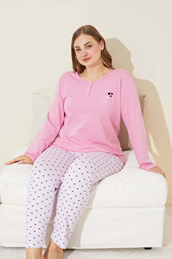 Siyah İnci Plus Size Curve Pajama Set - Pink Embroidered, Buttoned, Cotton 24240636