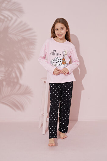 Siyah İnci pembe baskılı Pamuklu Örme Pijama Takım 24241101
