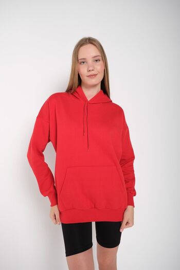MODAGEN Women's Red Solid Color Hooded Oversize Sweatshirt