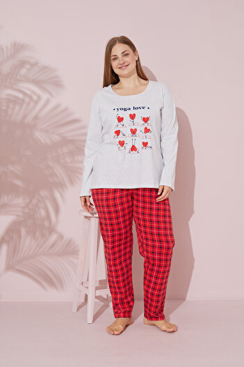 Siyah İnci Large Size Gray Printed Cotton Curve Pajamas Set - 24240685