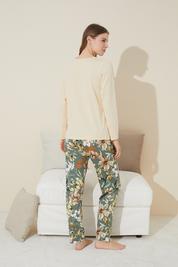 Siyah İnci krem Nakışlı Pamuklu Örme Pijama Takım 24240108