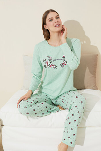 Siyah İnci yeşil Baskılı Pamuklu Örme Pijama Takım 24240119