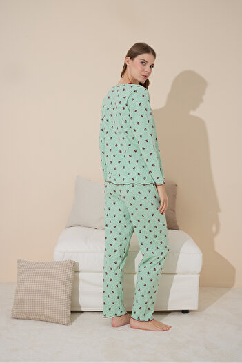 Siyah İnci yeşil çiçek desenli Pamuklu Örme Pijama Takım 24240086