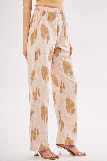 armonika Women's Mink Ena Trousers with Elastic Waist and Pocket Detail Linen Look Wide Leg ARM-24Y001021