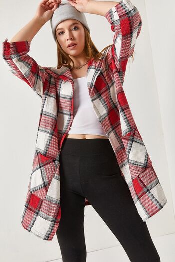 armonika Women's Claret Red Plaid Pattern Pocket Casual Jacket ARM-22Y001170