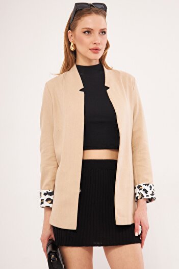 armonika Women's Beige Ikosiena Jacket Stand Collar Sleeves Leopard Patterned ARM-24Y001044