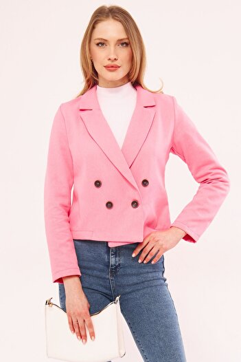 armonika Women's Pink Double Breasted Collar Gabardine Crop Jacket ARM-24Y001010