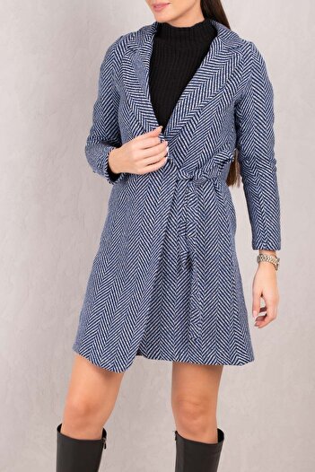 armonika Women's Blue Side Tie Herringbone Pattern Long Cuff Coat ARM-24K001010