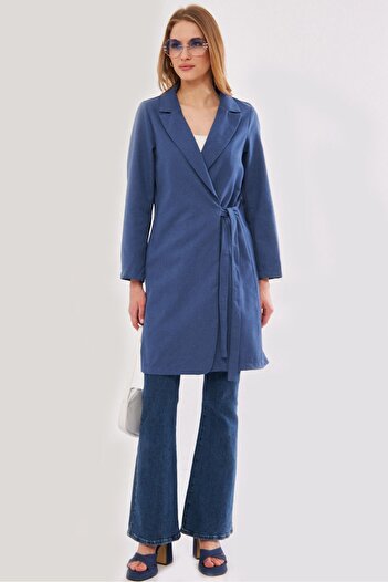 armonika Women's Dark Blue Side Tie Long Coat ARM-24Y001019