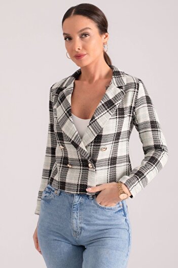 armonika Women's Light Mint Double Breasted Collar Tweed Crop Jacket ARM-24K001014