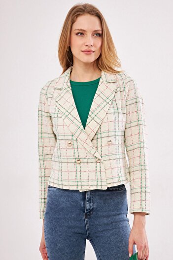 armonika Women's Green Double Breasted Collar Tweed Crop Jacket ARM-24K001014