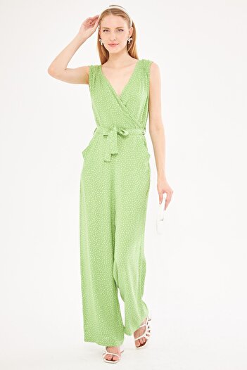 armonika Pistachio Green Double Breasted Jumpsuit - Shoulder Detail, V Belt, Long Cut ARM-24Y001049
