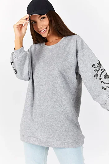 armonika Women's Gray Melange Round Neck Sleeve Embossed Tunic ARM-21K024033