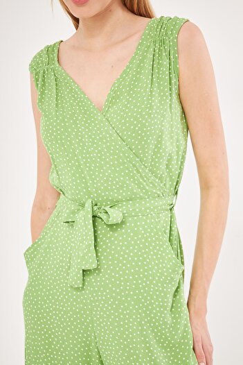 armonika Pistachio Green Double Breasted Jumpsuit - Shoulder Detail, V Belt, Long Cut ARM-24Y001049