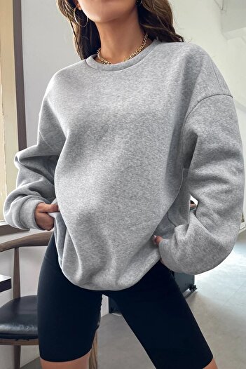 MODAGEN Unisex Gri Brooklyn 1898 Baskılı Bisiklet Yaka Oversize Sweatshirt