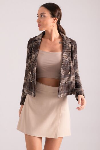 armonika Women's Brown Double Breasted Collar Plaid Pattern Stamp Crop Jacket ARM-24K001069