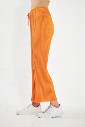 armonika Women's Orange Elastic Waist Ribbed Knitwear Trousers ARM-22K105002