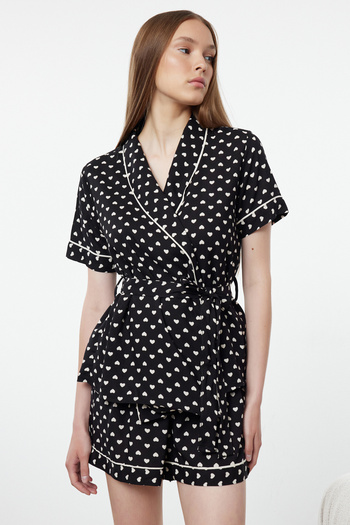 Trendyol Collection Woven Pajamas Set with Black Belted Heart Piping Detail Viscose Shorts Thmss23Pt00203