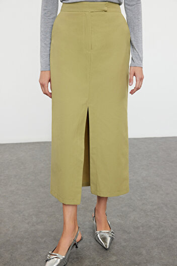 Trendyol Collection Khaki Premium Straight Front Slit Midi Woven Skirt TWOSS24ET00071