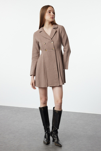 Trendyol Collection Brown Pleated Buttoned Mini Woven Dress TWOAW24EL00338
