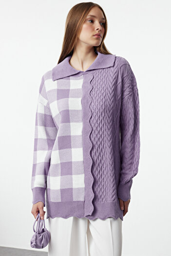 Trendyol Modest Πλεκτό πουλόβερ Polo Neck Lilac - Καρό σχέδιο TCTAW25AK00006