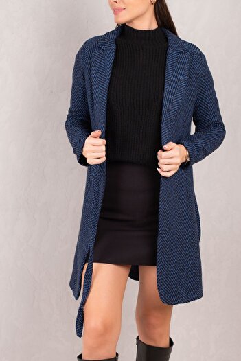 armonika Women's Saks Side Tie Herringbone Pattern Long Cuff Coat ARM-24K001010
