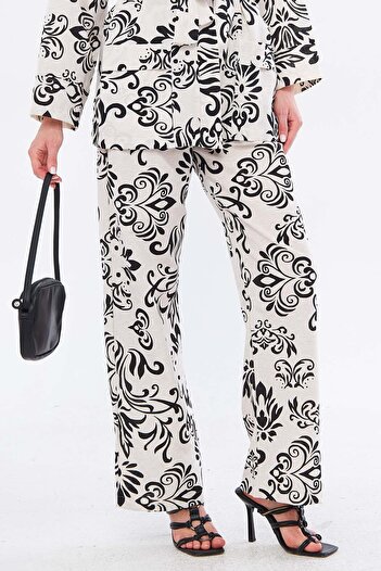 armonika Women's Black Ena Trousers with Elastic Waist and Pocket Detail Linen Look Wide Leg ARM-24Y001021