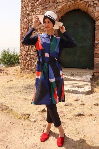 Minel Red Patterned Long Hijab Swimsuit - Full Covered, Set of 2 U-049