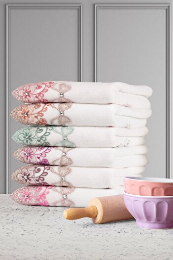 Durul 6-Piece Luxury Kitchen Towel Set - 100% Cotton Velvet, Butterfly Embroidered, 30x50 Laced Dowry Bowl