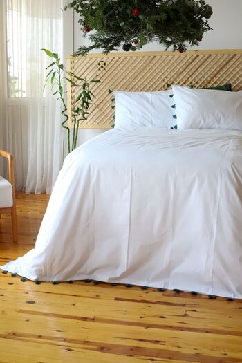 Tekstil Home Green Handmade Tasseled 100% Cotton White Double Duvet Cover Set New Season Dowry Box