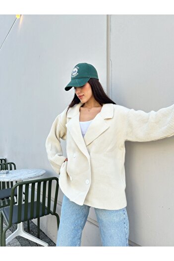 Puella Women's White Buttoned Stone Colored Thick Long Knitwear Cardigan