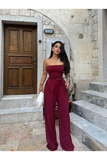 ZF BUTİK Indigoblaues Set aus Bluse und Hose für Damen – trägerlos und mit Kordelzug