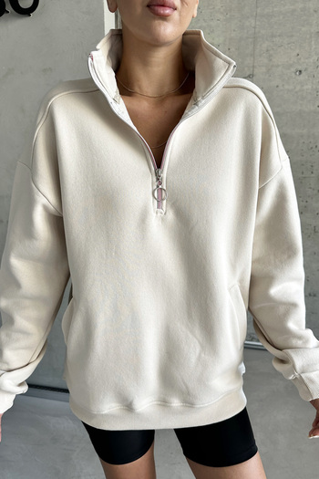 MODAGEN Beige Unisex Oversize Sweatshirt - Stand Collar and Half Zipper