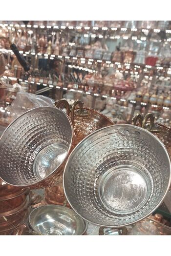 Bakır Center Copper Ayran Cup Copper Cup Copper Water Cup Set with 2 Large Size Handles
