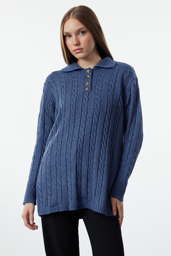Trendyol Modest Pulover tricotaj albastru împletit de păr - TCTAW25AK00033