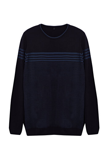 Trendyol Collection Pulover tricotat cu dungi, albastru bleumarin, slim fit, cu decolteu, TMNAW25KZ00029