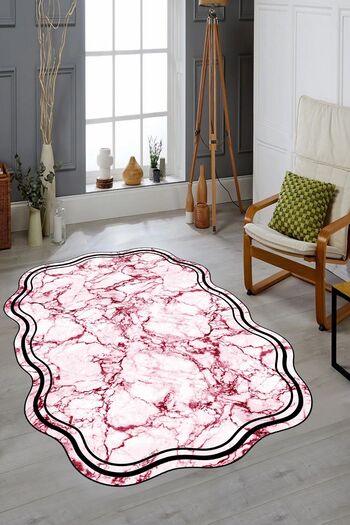 EY HOME Non-Slip Marble Laser Cut Kitchen Rug - Digital Printed, Washable Laser-22-Red