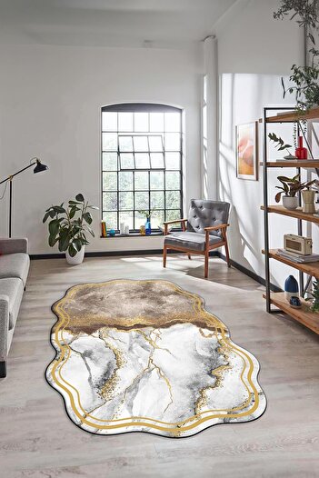 EY HOME Non-Slip Marble Patterned Laser Cut Living Room Carpet - Digital Printed, Washable Laser-9-Gold
